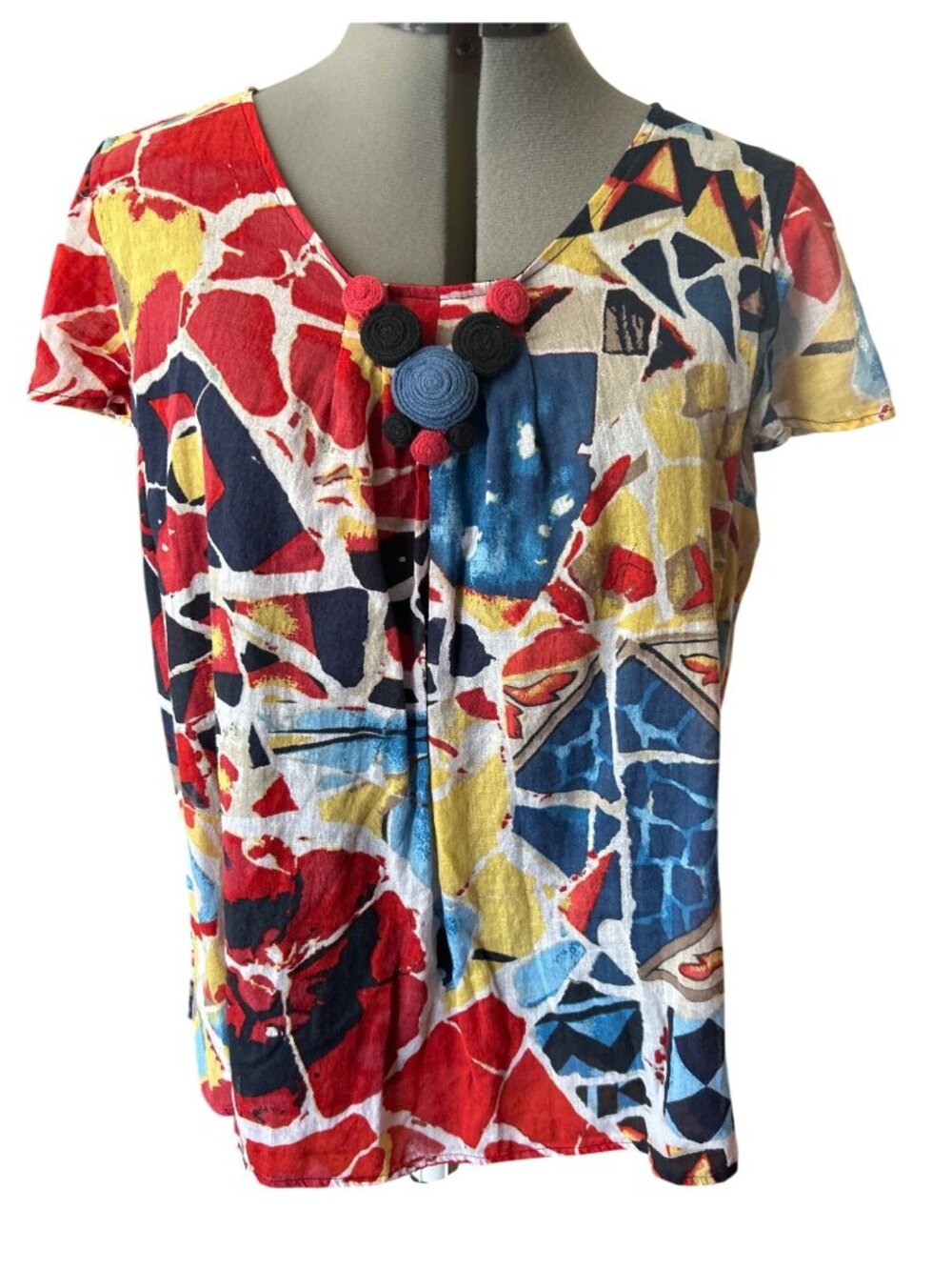 R.Q.T. Womens Multicolor Abstract Print Short-Sleeve Top Fabric Accents Size L